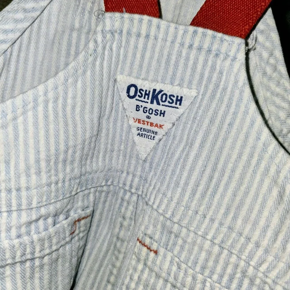OshKosh B’Gosh USA Sz3m HTF Pin-Striped VestBak Red Straps Logo Overall Shorts